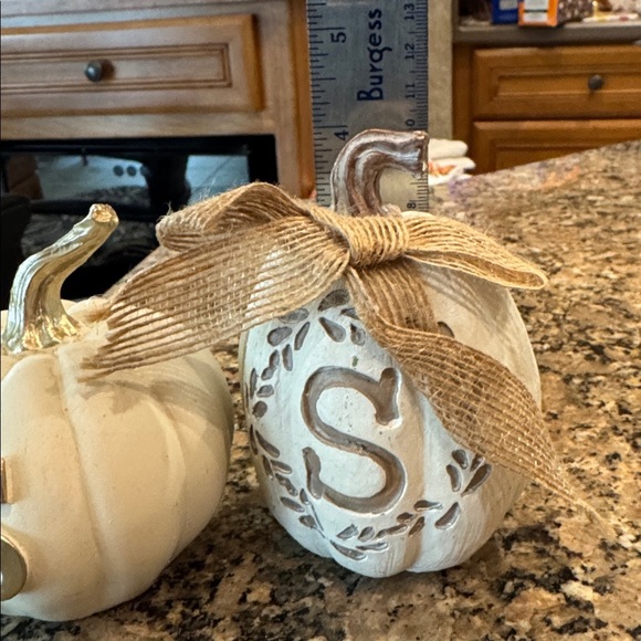 2 pk Decorative White and Cream Pumpkins with Gold Accents Letter “S” - Picture 3 of 6